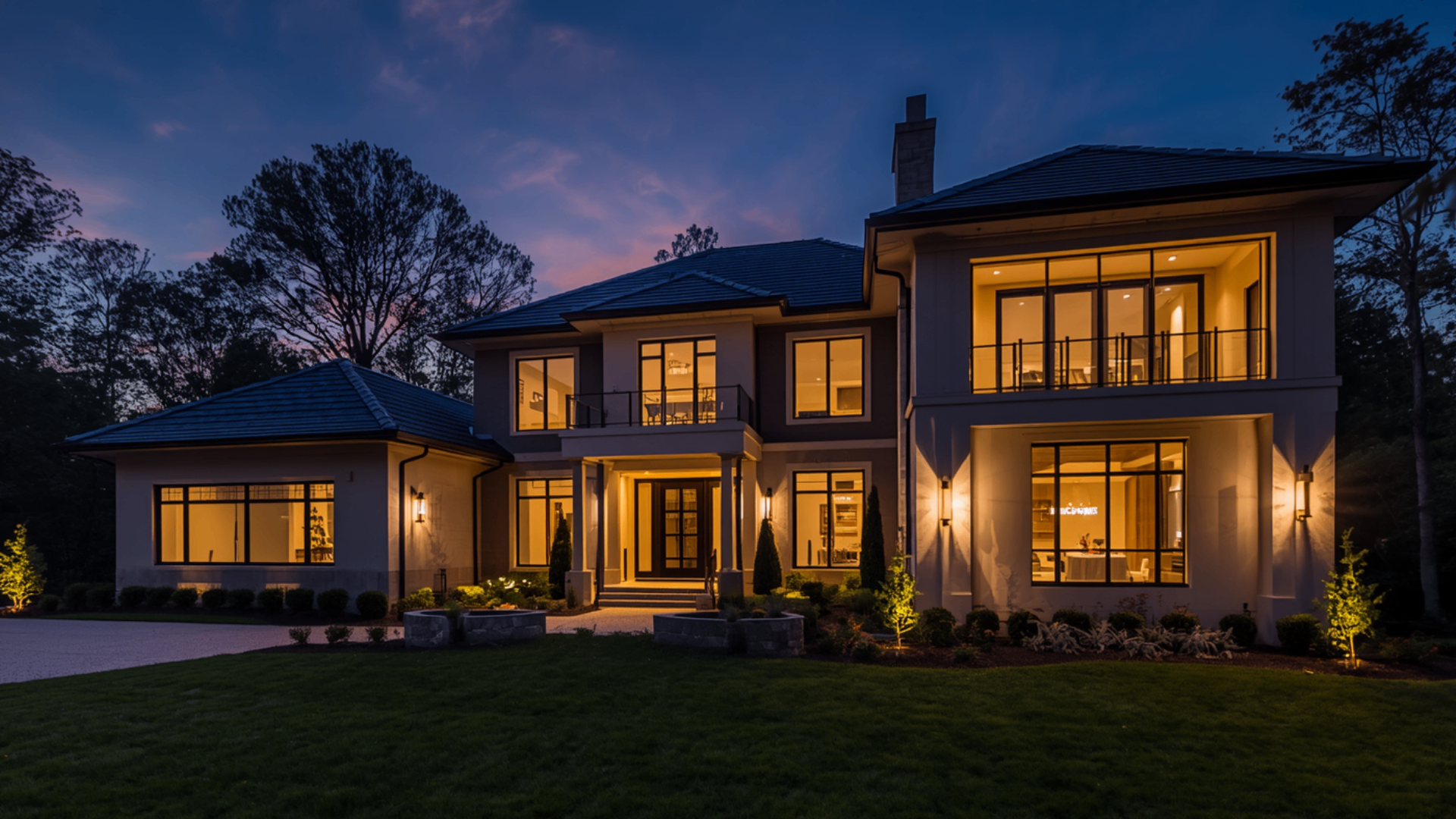 A luxury home at dusk with warm lit windows